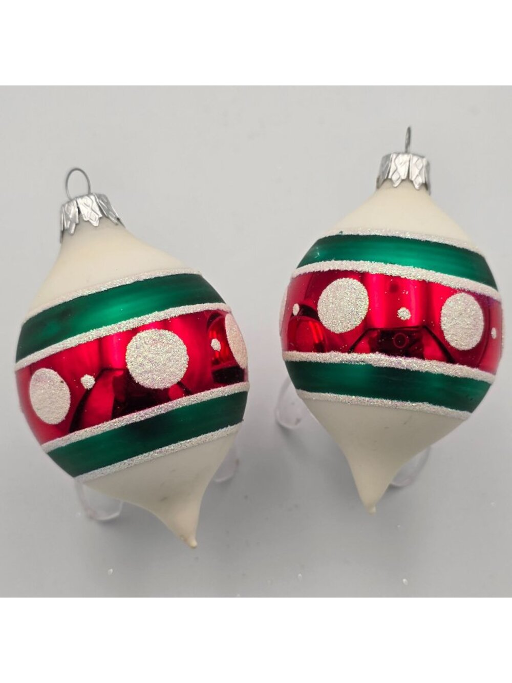 Vintage Glass Christmas Ornaments Red & Green With Glitter Polka Dots Teardrop - Picture 1 of 8
